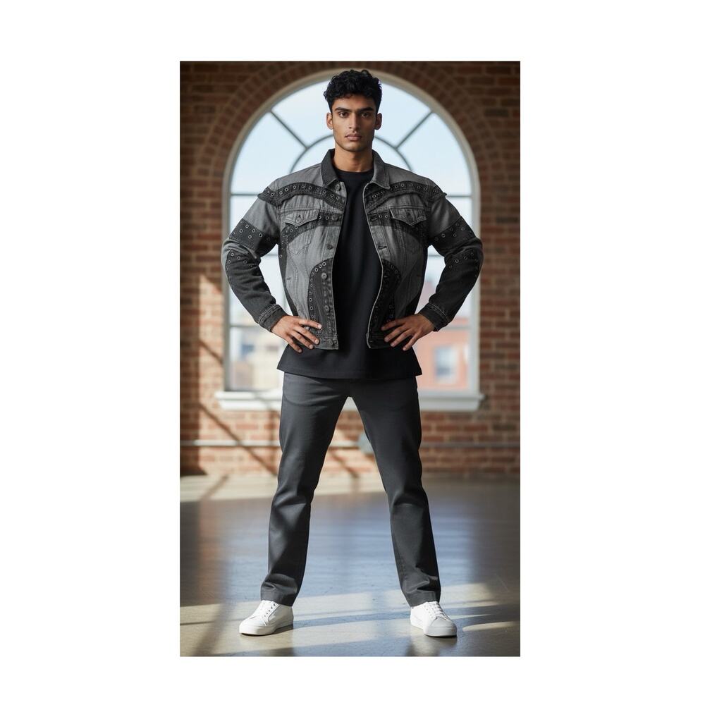 GUNZINII Men's Studded Colorblock Denim Jacket Gray/Black L Button GZ751